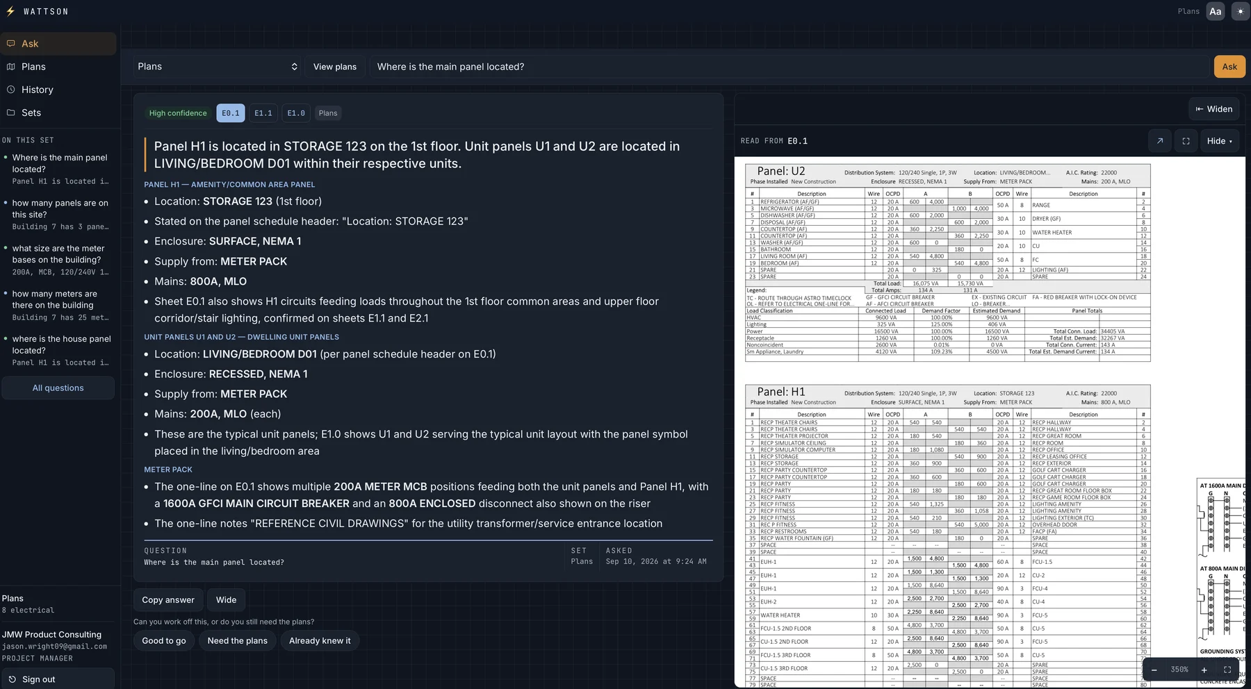 Wattson on a laptop: Panel H1 located in Storage 123, cited to E0.1, E1.1 and E1.0, with the panel schedule on E0.1 open beside the answer