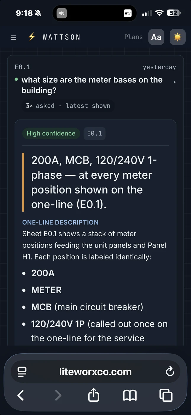 Wattson on a phone in dark mode: the meter base size answered at High confidence, cited to E0.1